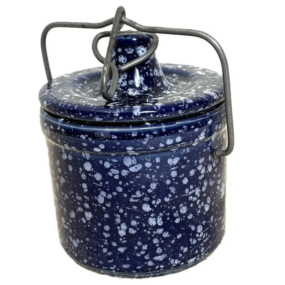 * Stoneware Cheese Butter Crock Jar wire Bail Lid Speckled Cobalt Blue Vintage